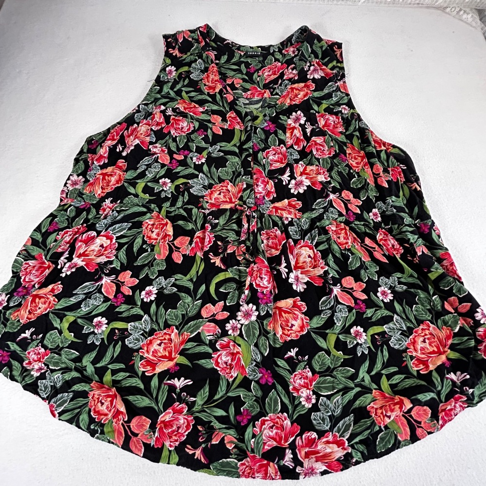 Torrid Women Black Red Floral Sleeveless Babydoll Empire Tie Waist Top Plus Size